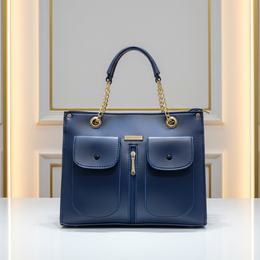 Classic Blue Handbag with Front Flap Pockets-Hoorish