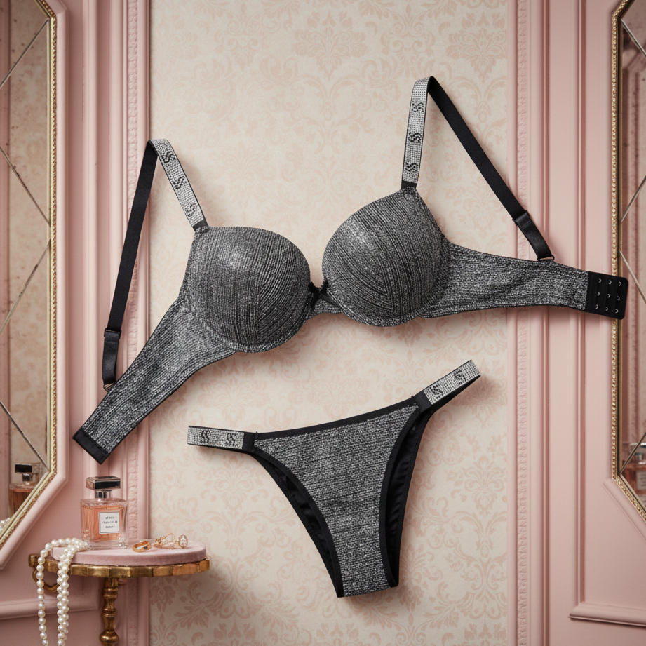 Gray bra and panties set on a decorative wall with mirrors and perfume bottle.