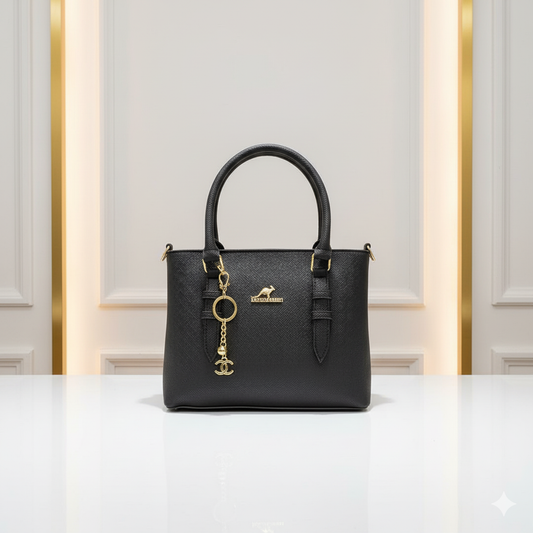 Elegent Black Faux Leather Satchel with Top Handles-Hoorish