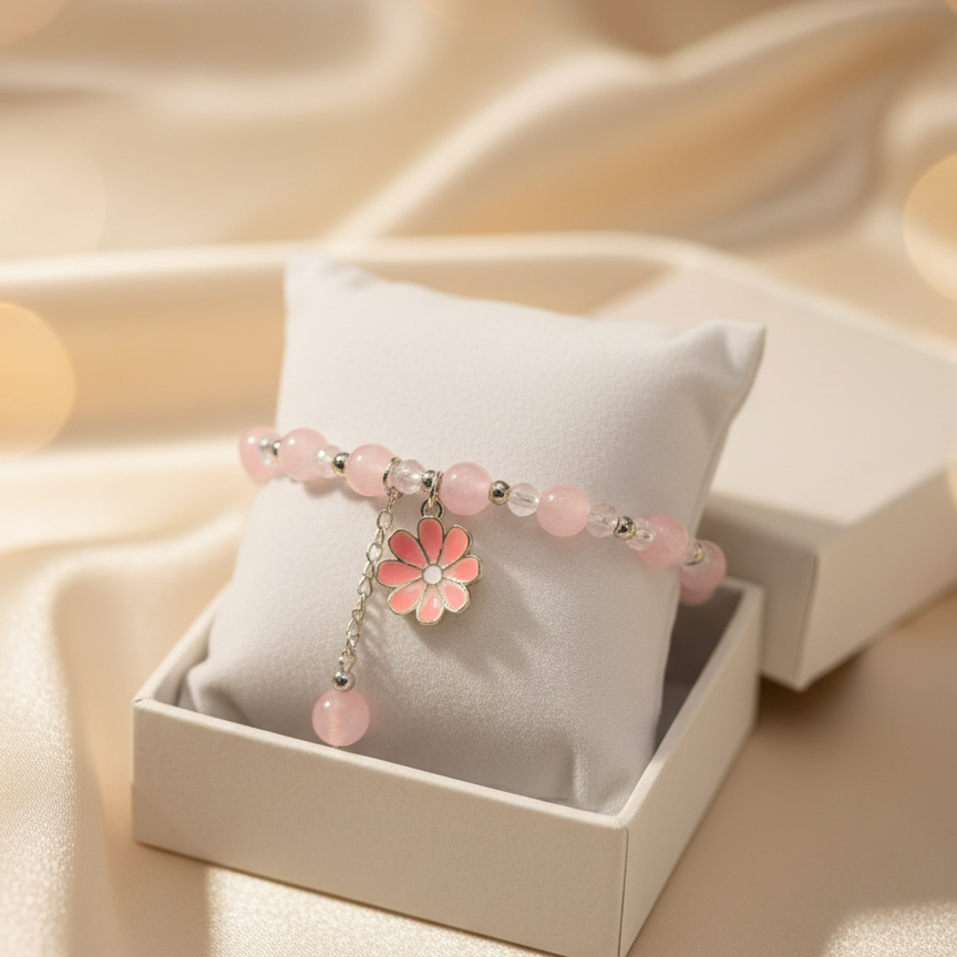 Pink beaded bracelet with a floral charm on a white pillow against a soft, blurred background