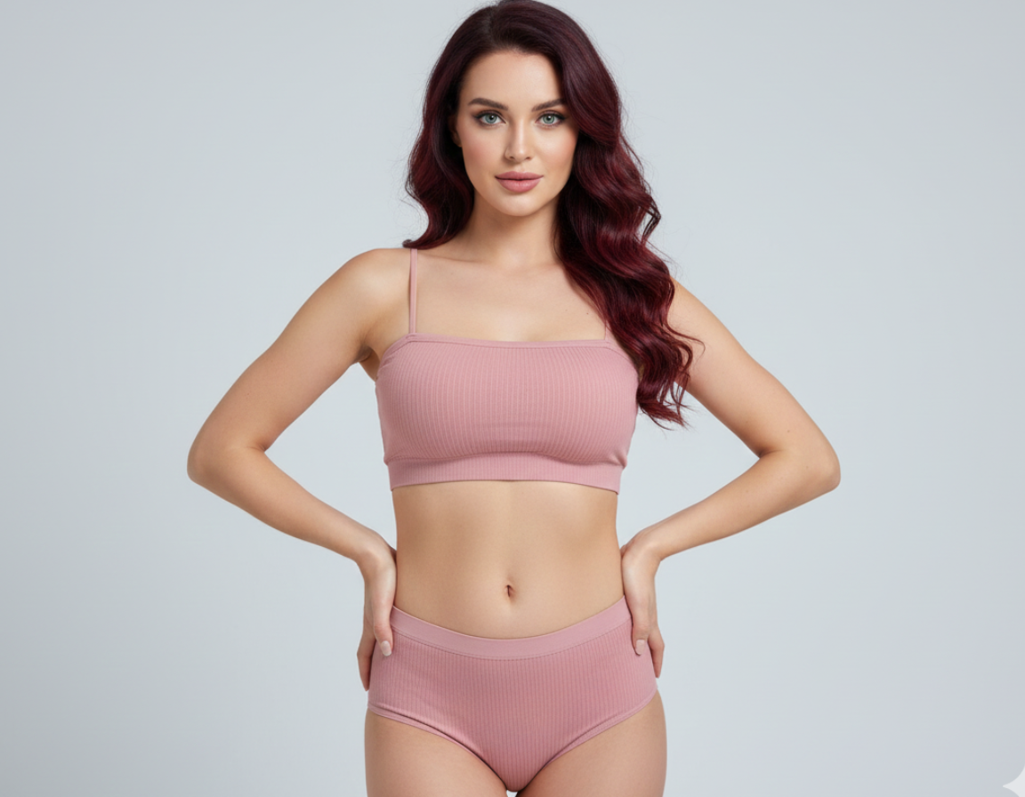 Woman wearing a pink bikini set on a gray background