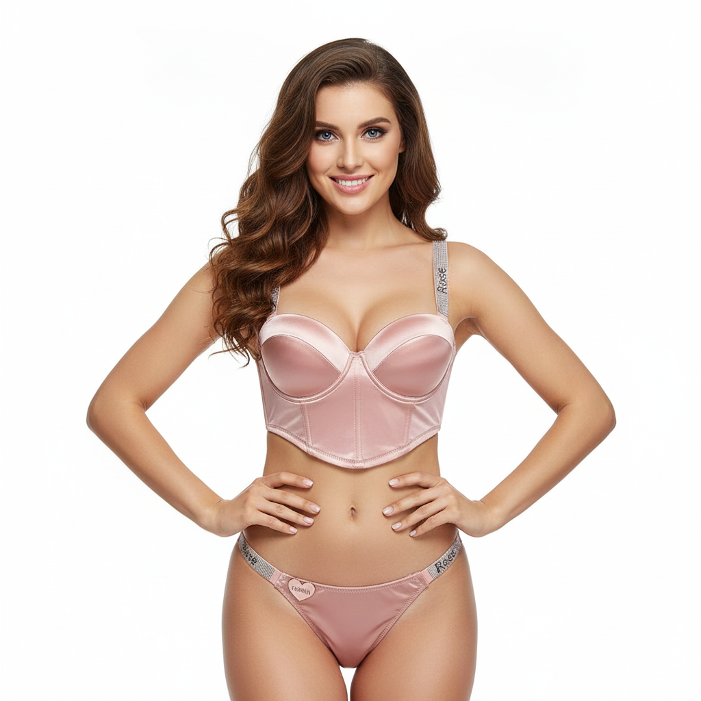 Rose Crystal Satin Half-Cup Lingerie Set