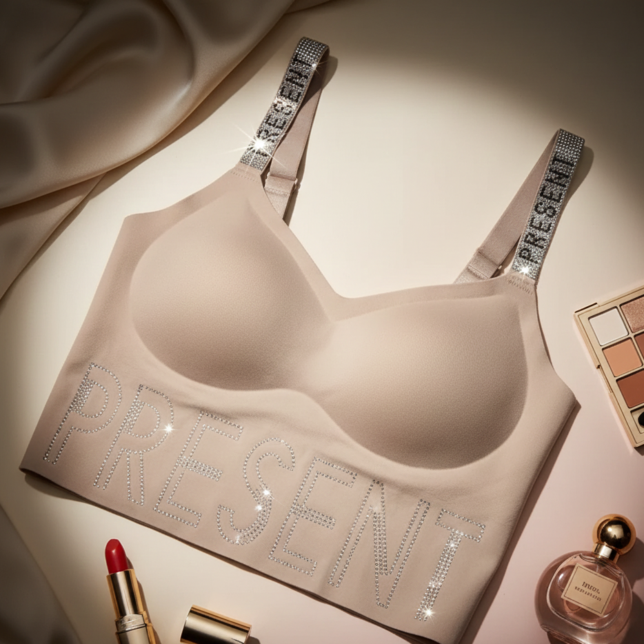 Beige bra with 'Present' text, lipstick, perfume, and makeup palette on a light background