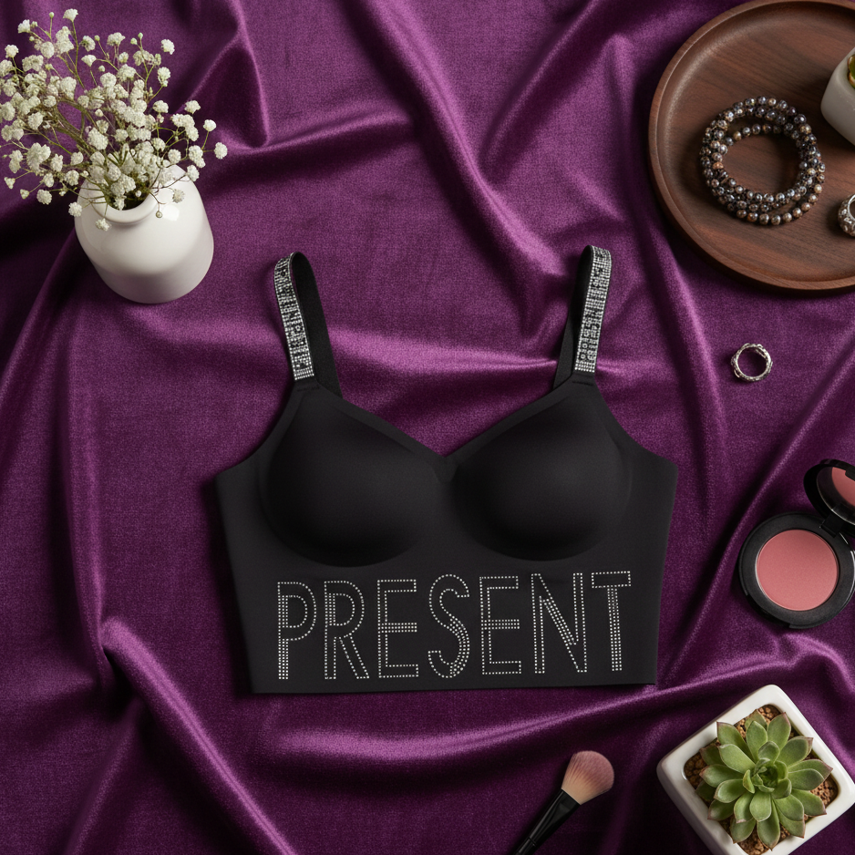 Black bra with 'PRESENT' text on a purple fabric background with accessories.