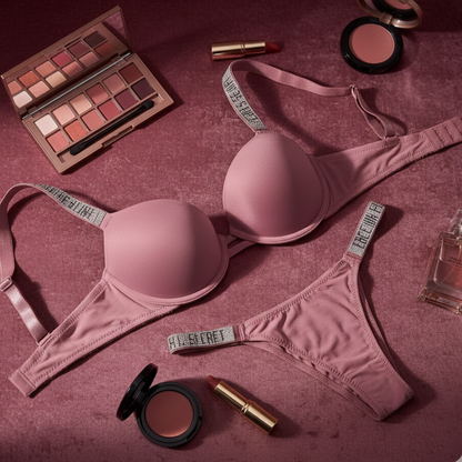Pink bra and panties set with makeup and perfume on a matching background