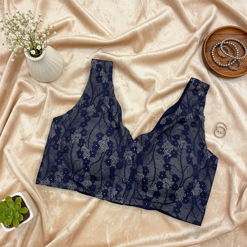 Navy blue lace bralette on a beige fabric background with decorative elements.