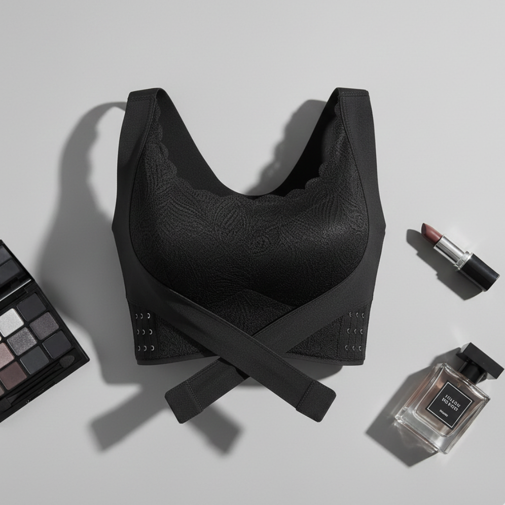 Black bra with makeup items on a light gray background