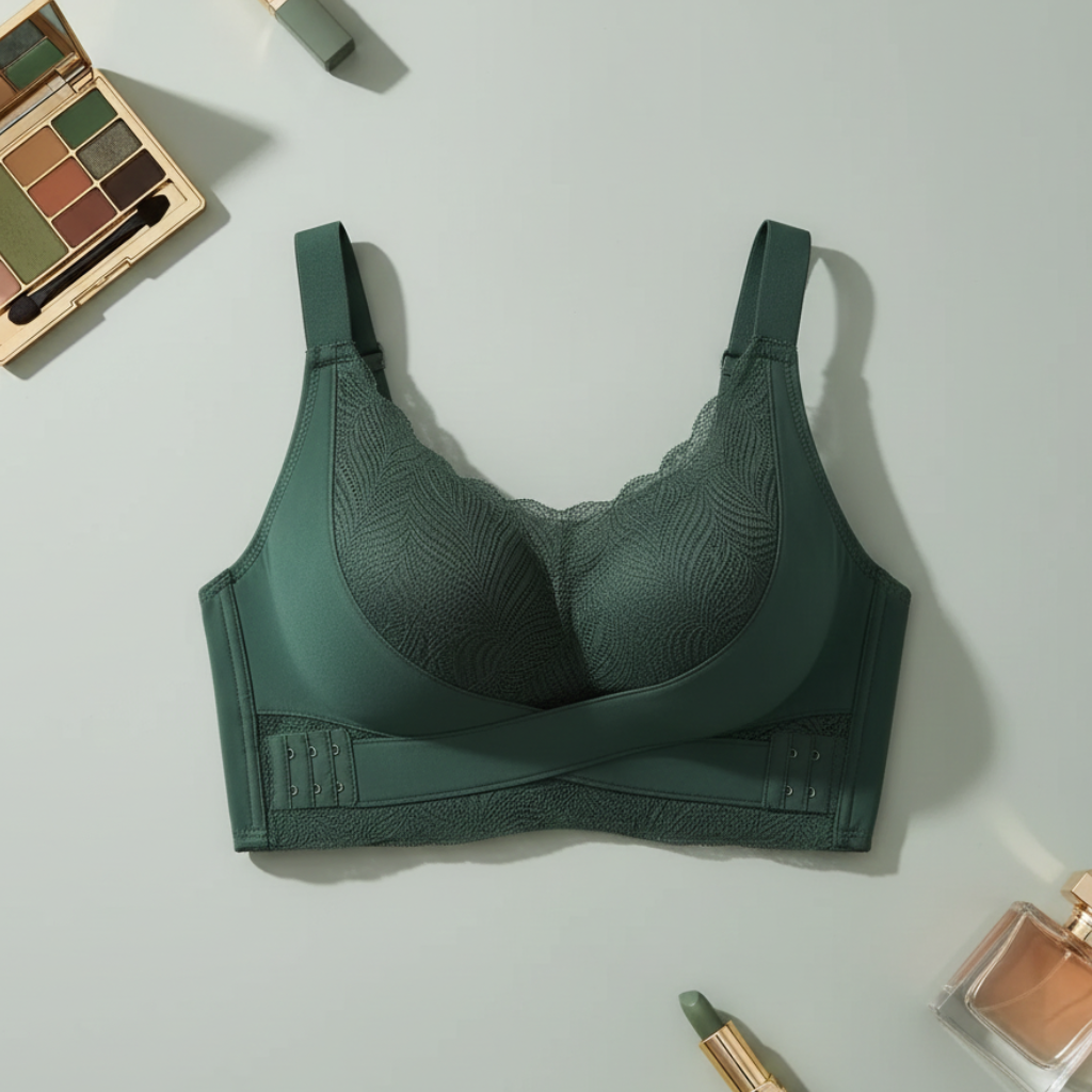 Green bra on a light gray background with makeup items around