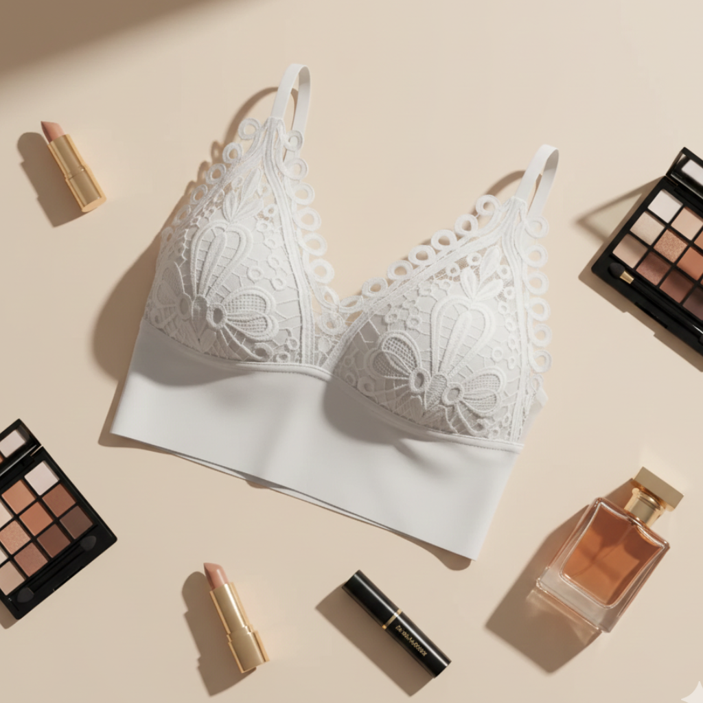 White lace bra with makeup products on a beige background