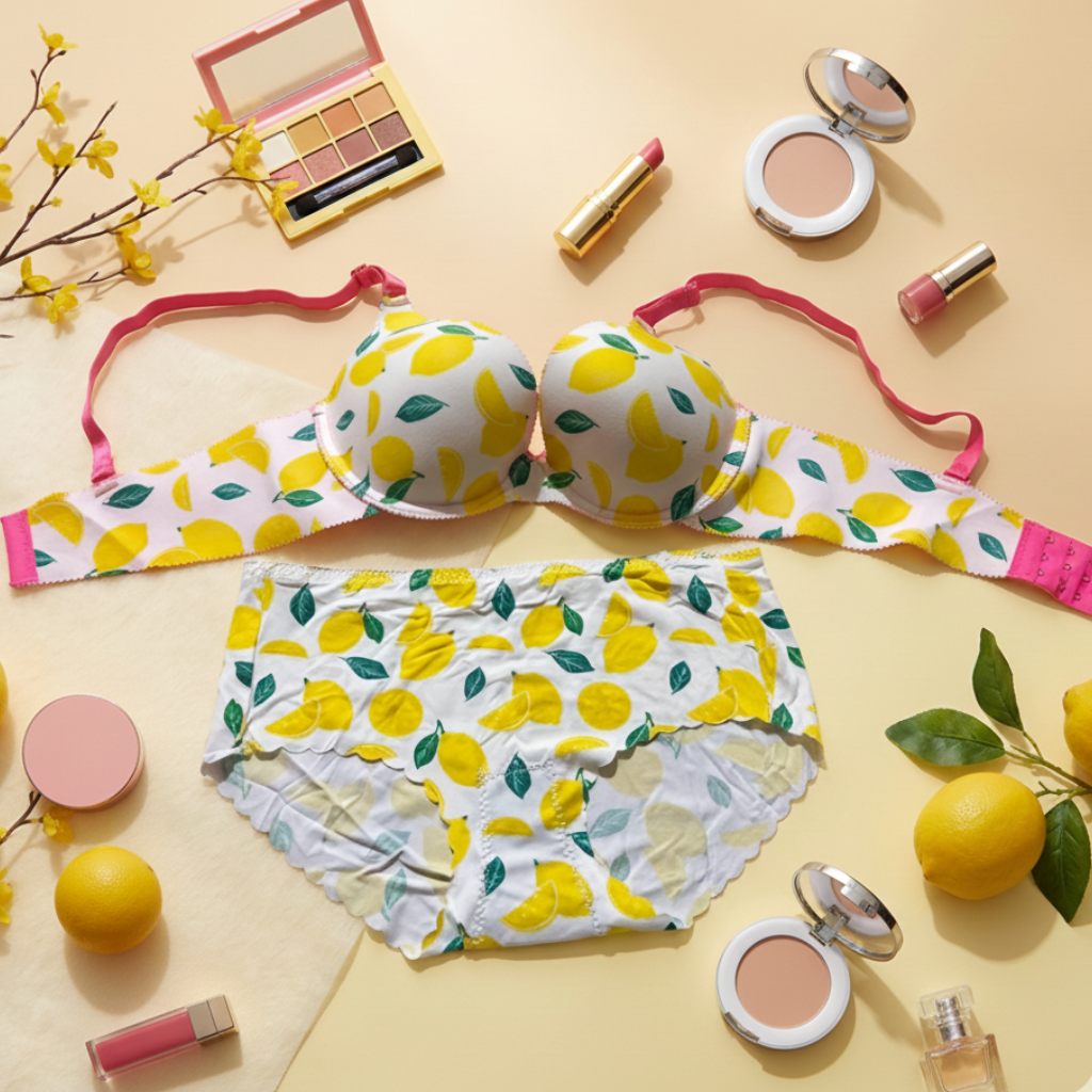 Lemon-patterned bikini set with makeup and accessories on a yellow background