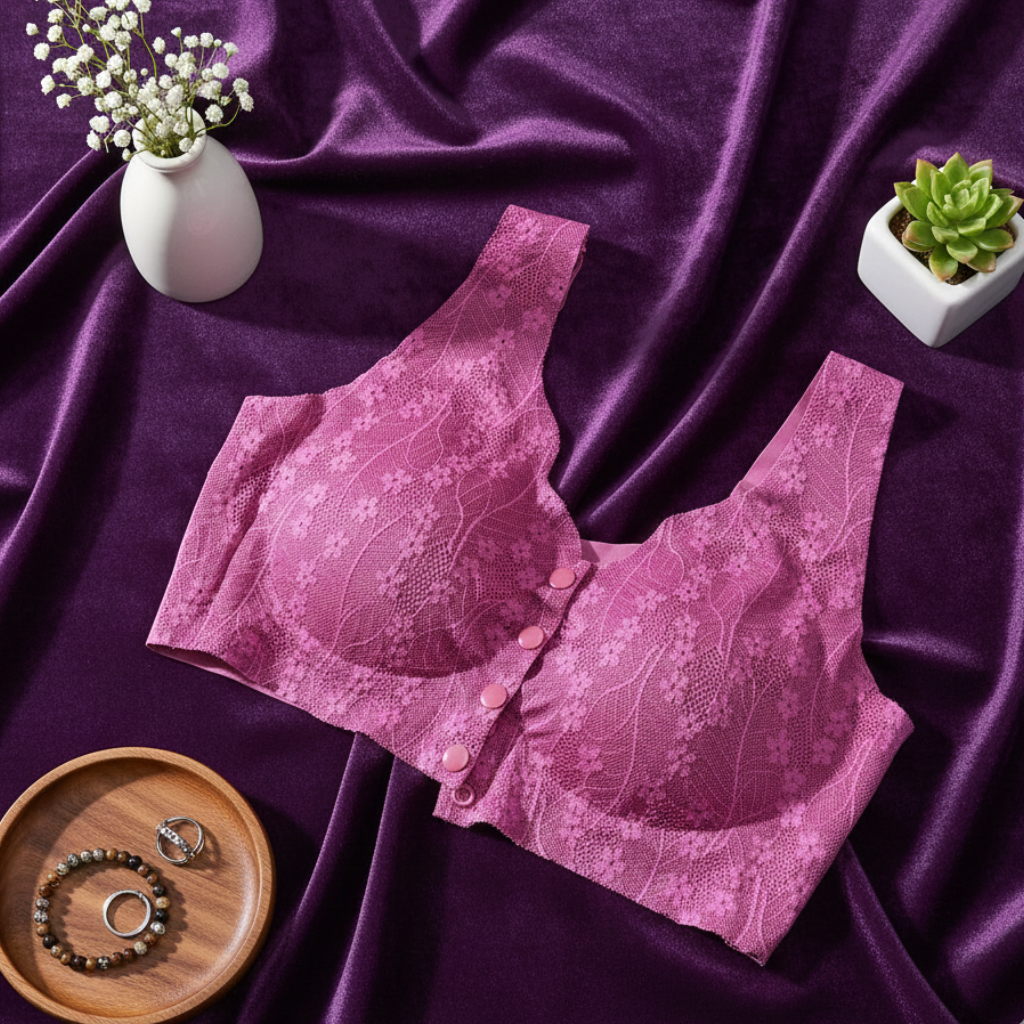 Purple lace bra on a purple fabric background with decorative items.