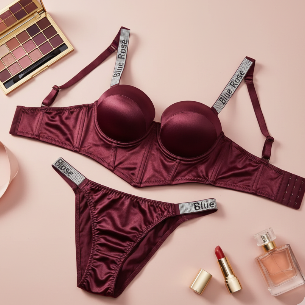 Maroon lingerie set with makeup and perfume on a pink background