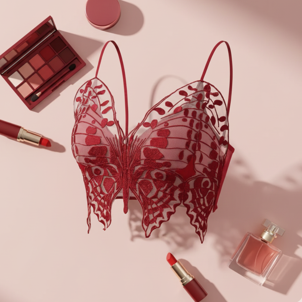 Butterfly-shaped red lace bra with makeup items on a pink background