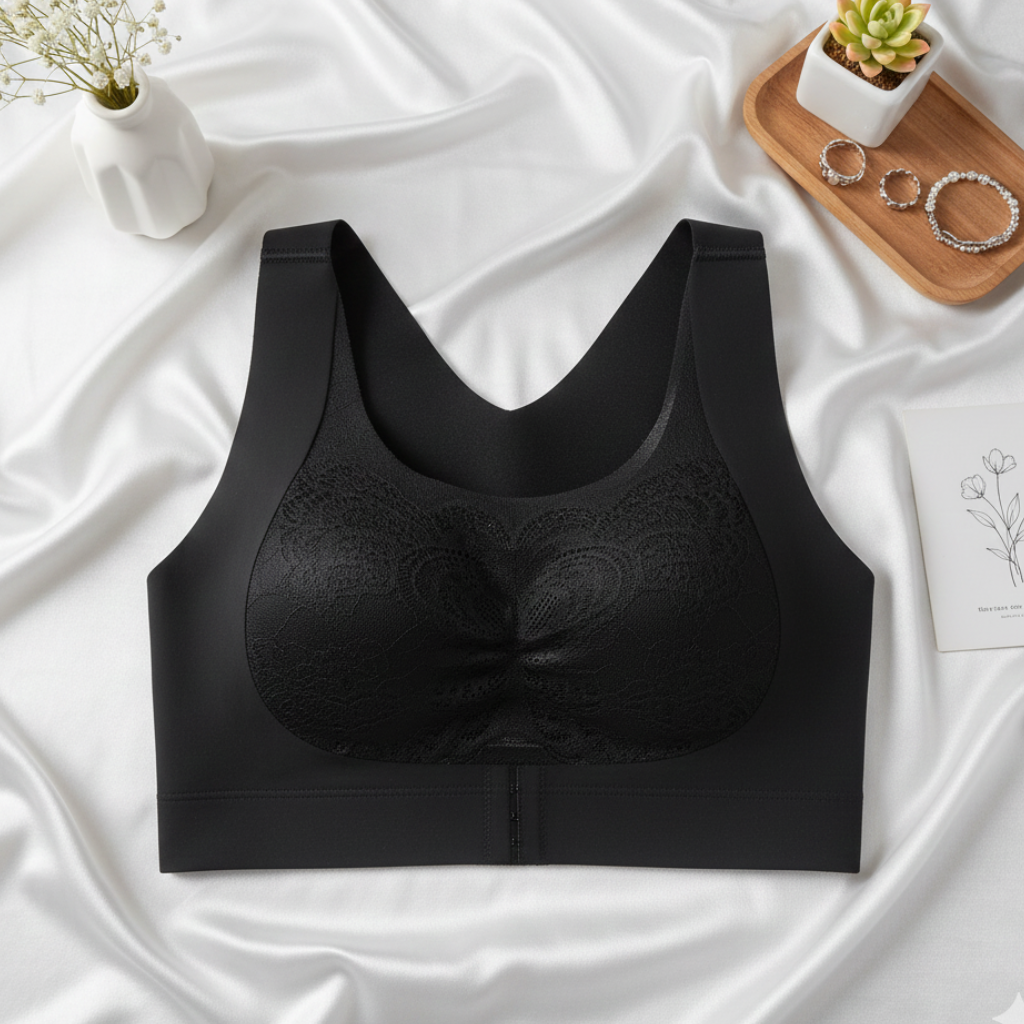 Black sports bra on a white fabric background with decorative elements.