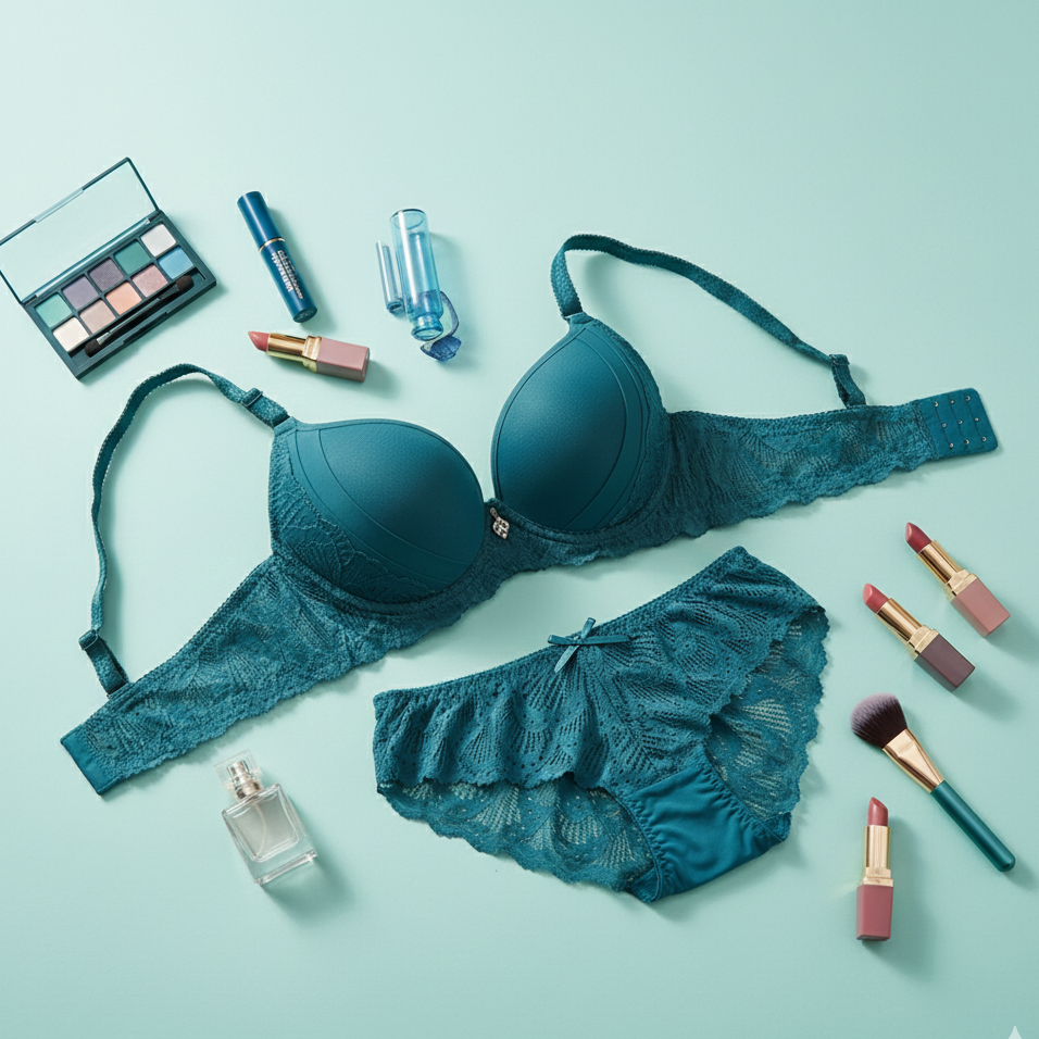Teal lingerie set with makeup items on a light blue background