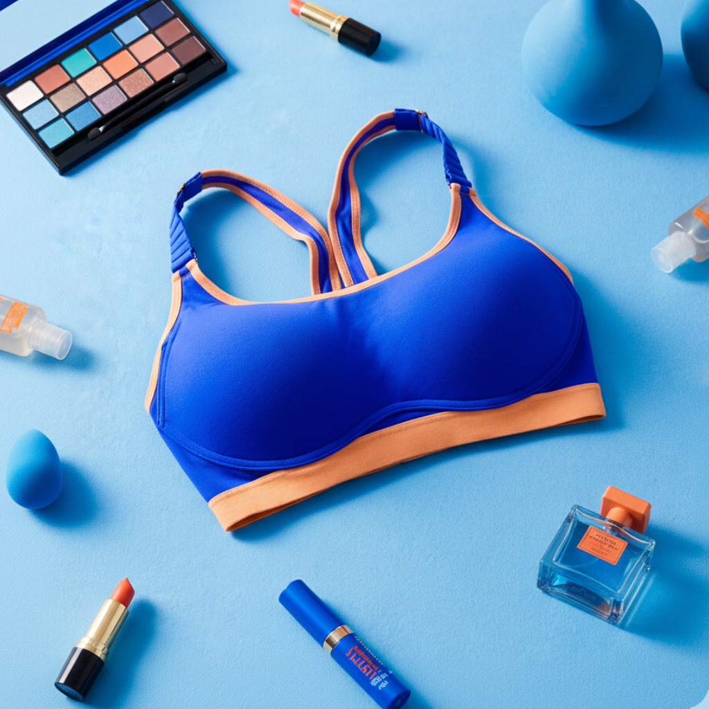 Blue bikini top with orange trim on a blue background with makeup items.