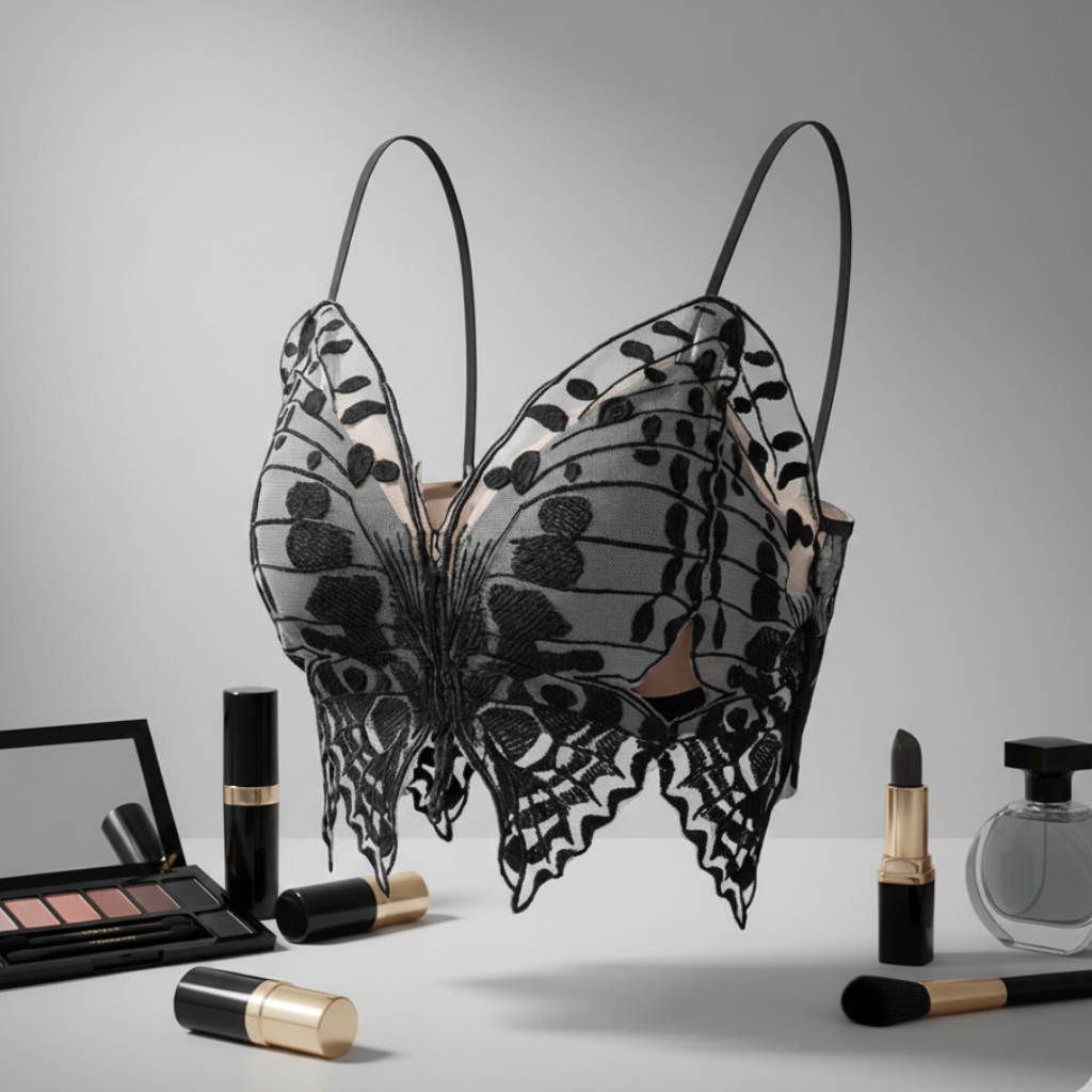 Butterfly-shaped bra with makeup items on a gray background