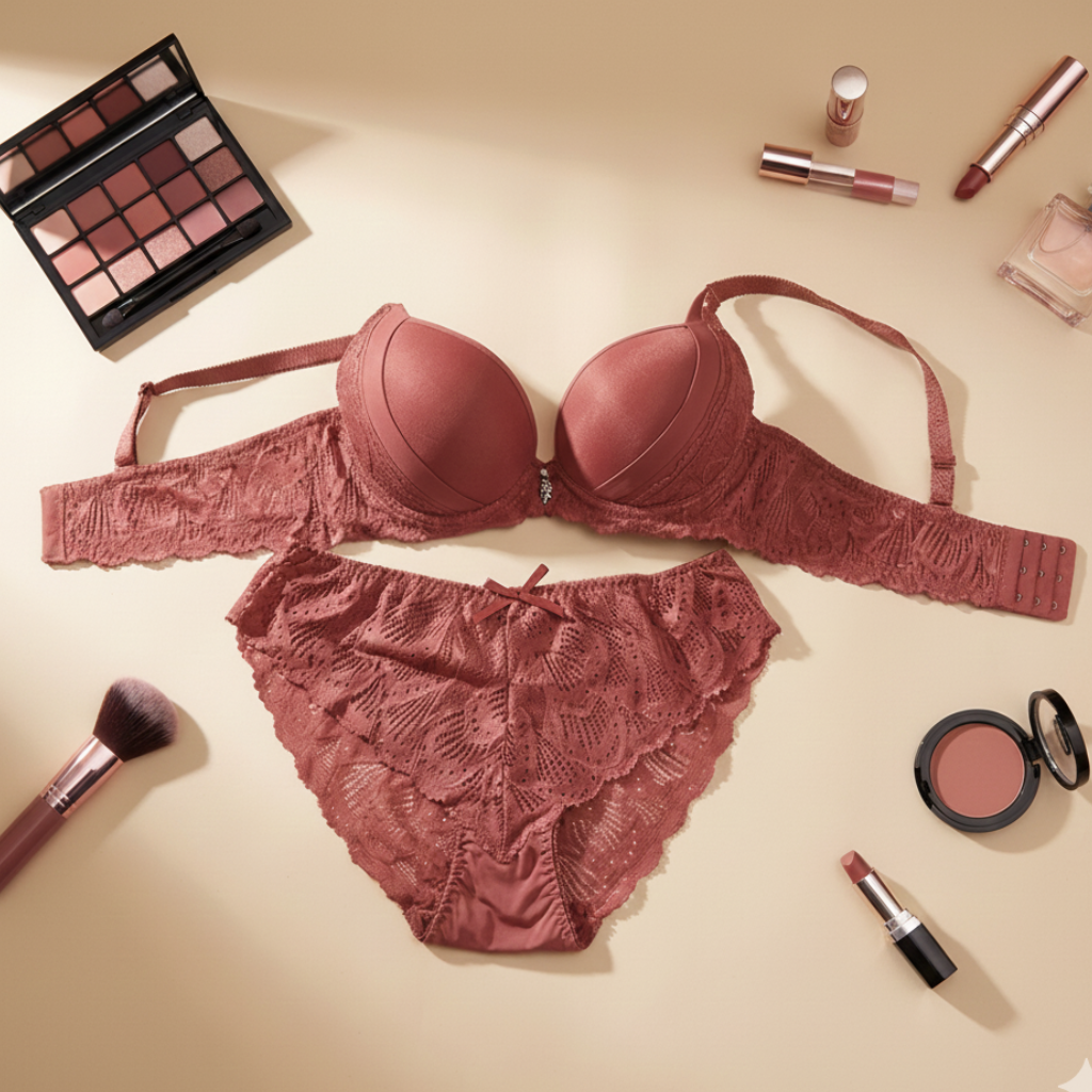 Rose-colored lingerie set with makeup items on a beige background