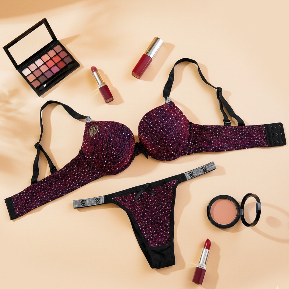Purple lingerie set with makeup items on a beige background