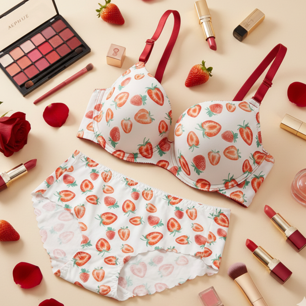 Strawberry-patterned lingerie set with makeup and lipsticks on a beige background