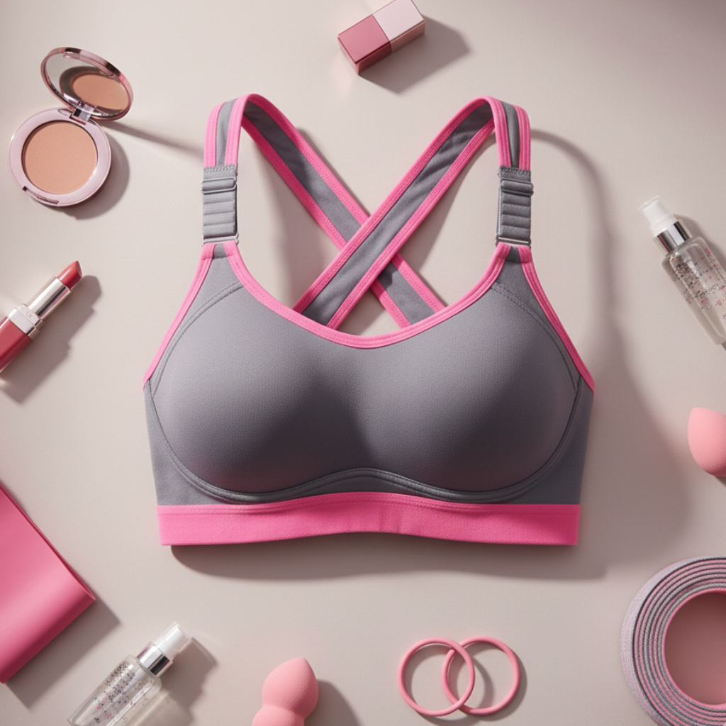 Gray and pink sports bra with makeup and accessories on a light background