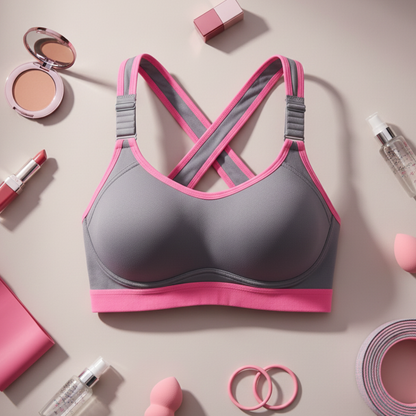 Gray and pink sports bra with makeup and accessories on a light background