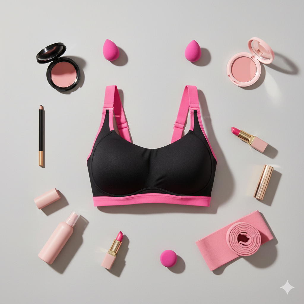 Black bra with pink trim surrounded by makeup items on a light gray background