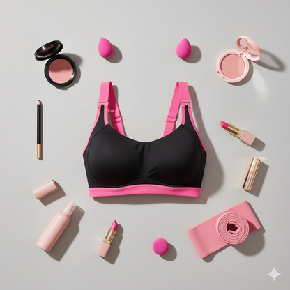 Black bra with pink trim surrounded by makeup items on a light gray background