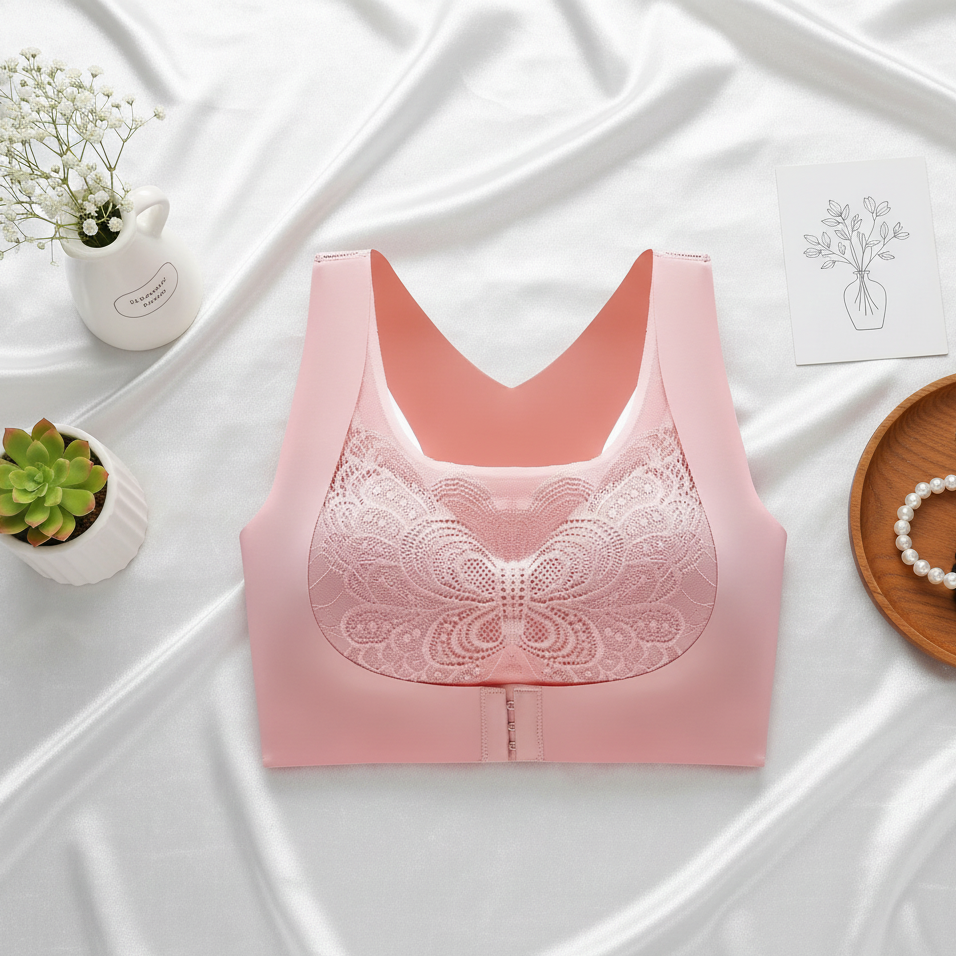 Pink lace bralette on a white fabric background with decorative elements.