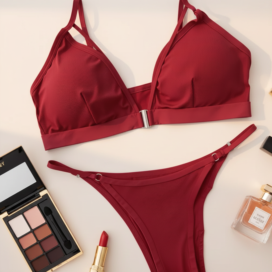 Red bikini set with makeup and perfume on a light background