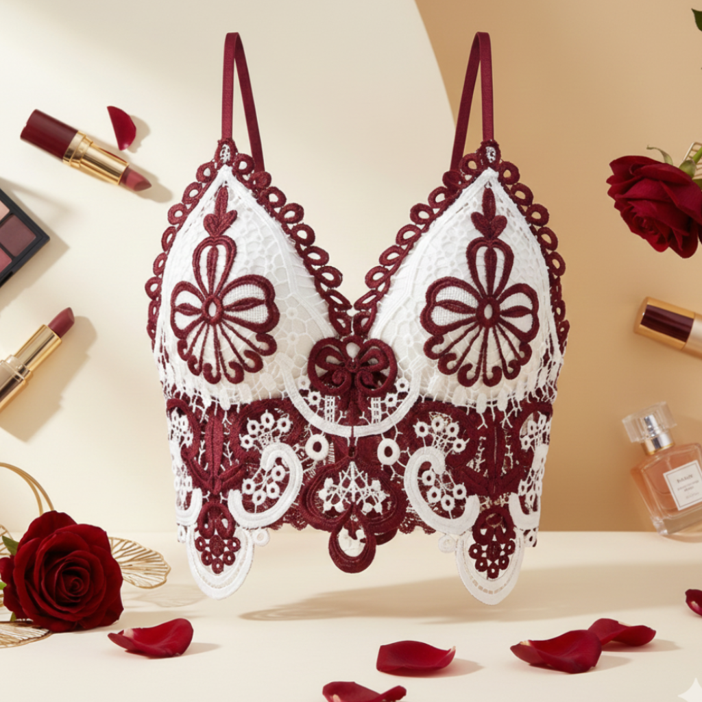 Lace bra with red and white design on a decorative background with roses and makeup.