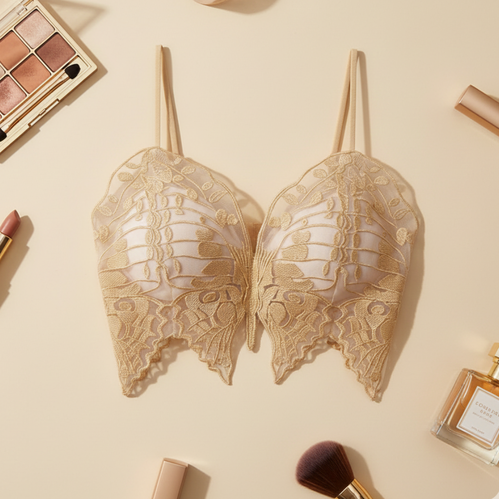 Lace bralette on a beige background with makeup and perfume bottles.