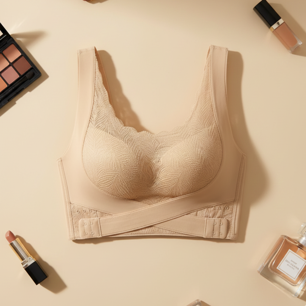 Beige bra on a beige background with makeup items around