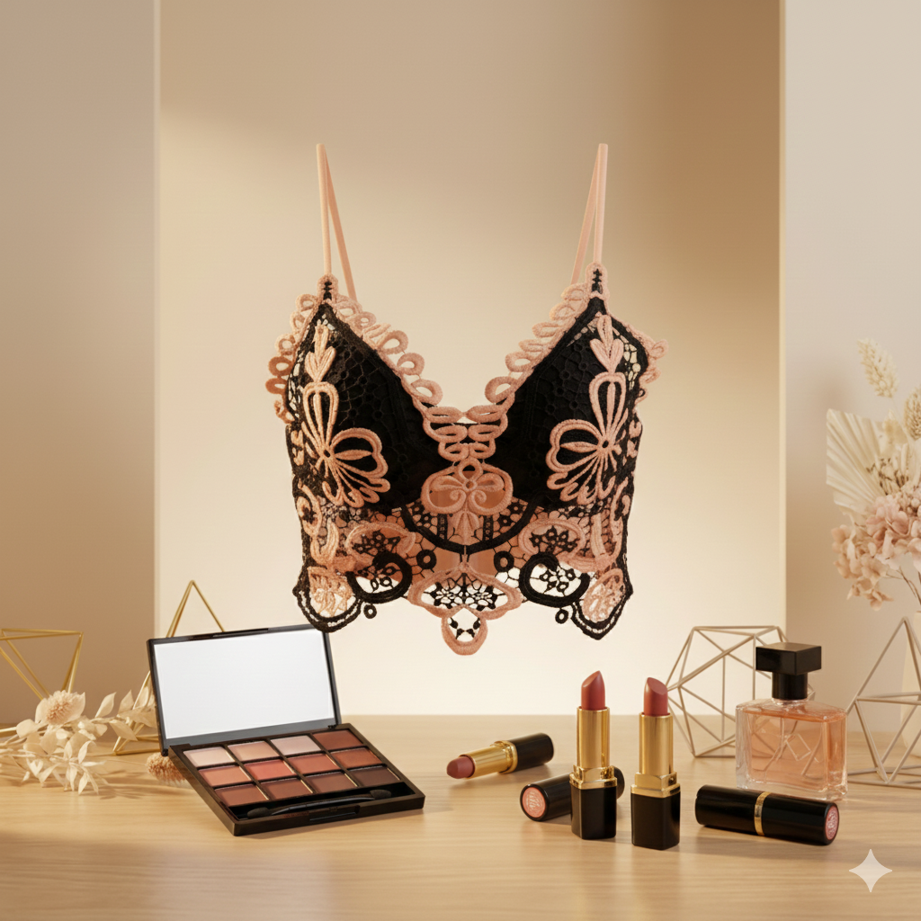 Lace bra displayed with makeup and perfume on a wooden surface.