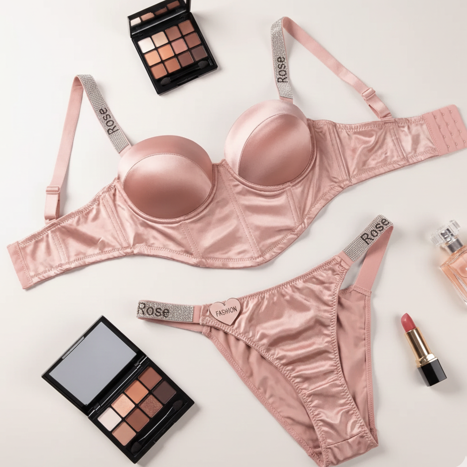Pink lingerie set with makeup and perfume on a light background