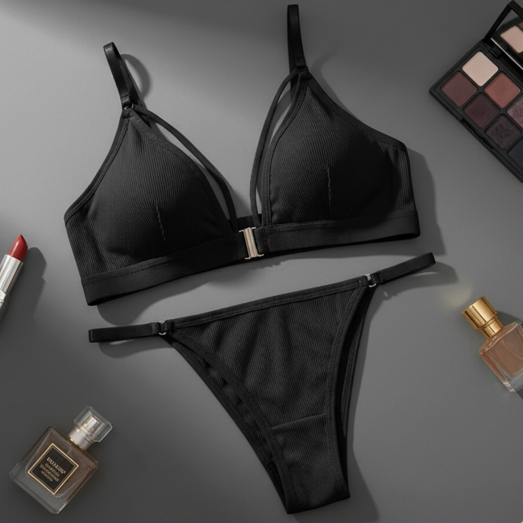 Black lingerie set with makeup and perfume on a gray background