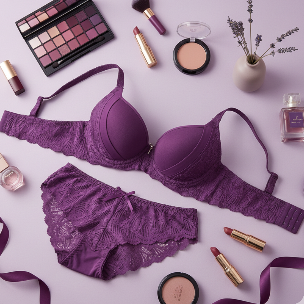 Purple lingerie set with makeup and perfume on a light purple background