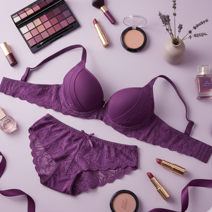 Purple lingerie set with makeup and perfume on a light purple background