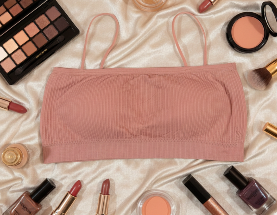 Pink bralette surrounded by makeup products on a light fabric background