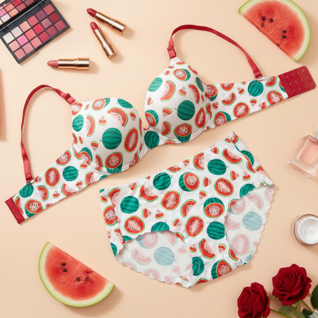 Watermelon-patterned bra and panties set with makeup and watermelon slices on a beige background