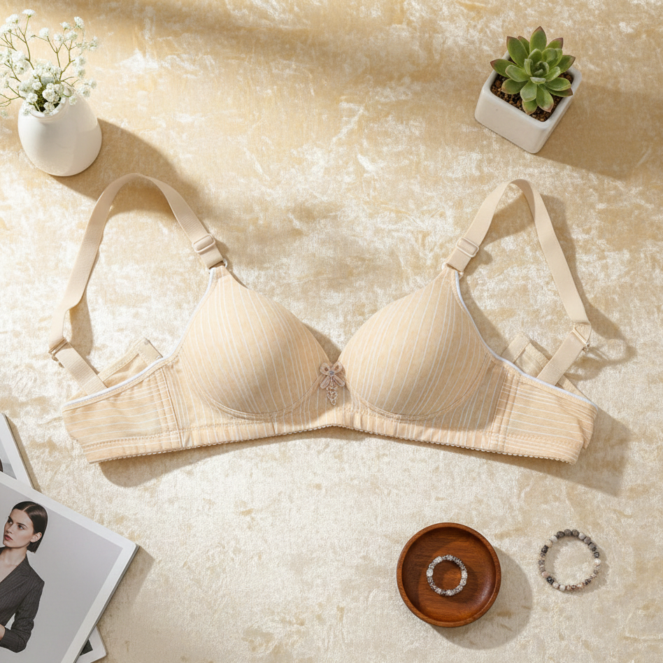 Beige bra on a textured surface with decorative items around