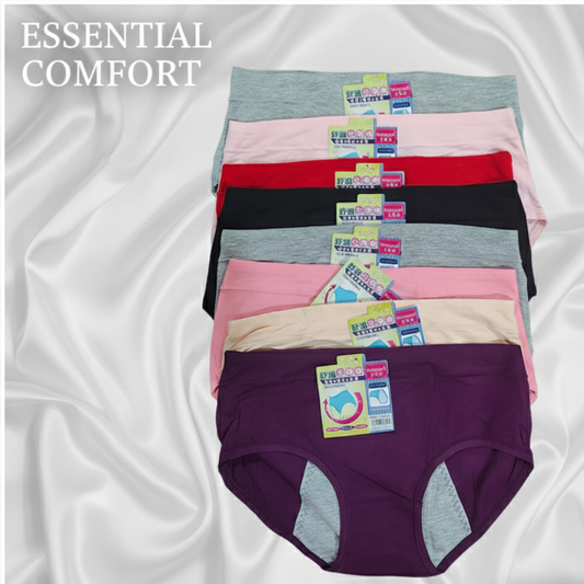 Stack of women's underwear with tags on a white fabric background, labeled 'Essential Comfort'.