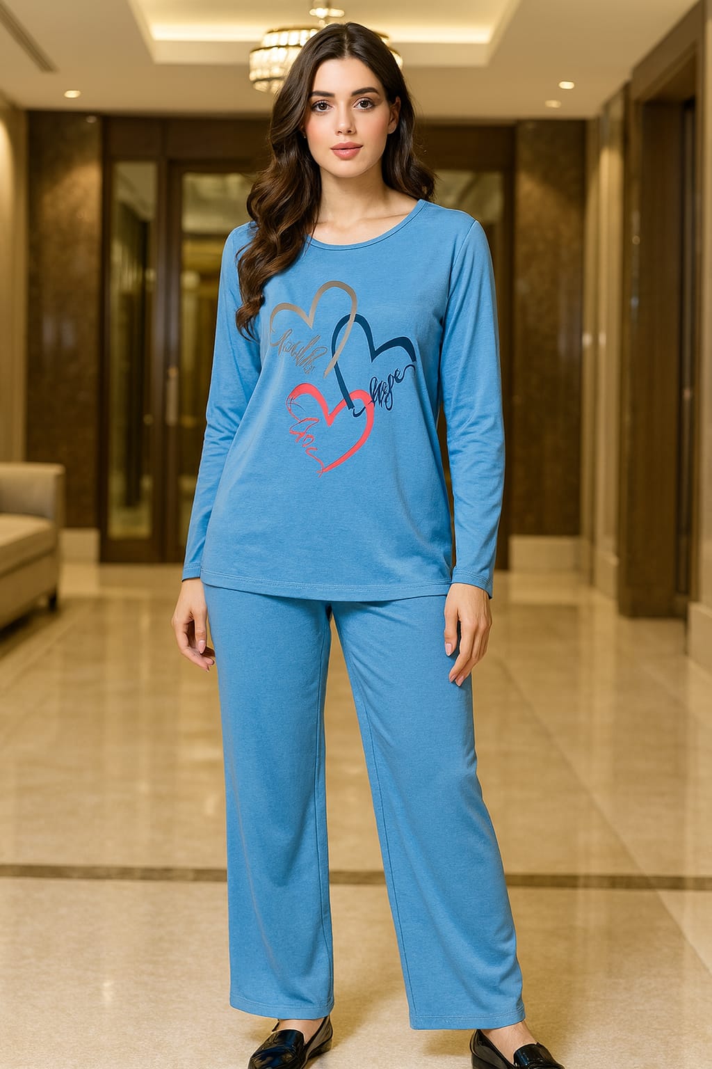 Relaxed Fit Teal Lounge Set-Comfy Nighty for Winters-Hoorish